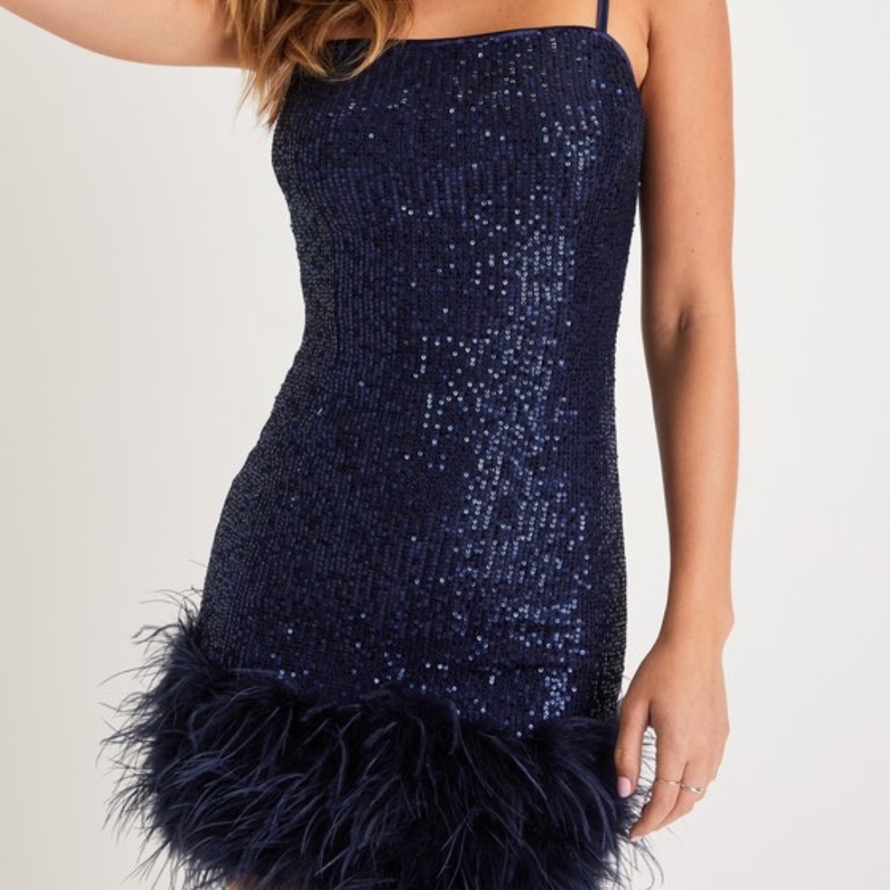 Truly Sensational Navy Blue Sequin Feather Sleeveless Mini Dress
